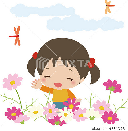 子供 女の子 遊ぶ 花畑のイラスト素材