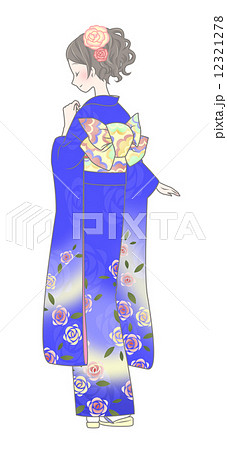着物 女性 薔薇 和服のイラスト素材
