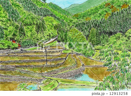 風景画 棚田 水田 田舎のイラスト素材