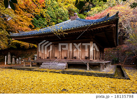 国宝 富貴寺 紅葉 銀杏の写真素材