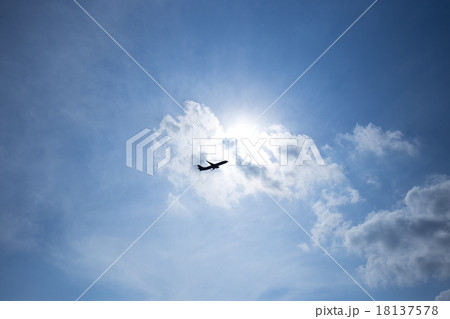 旅客機 飛行機 逆光 夏空の写真素材