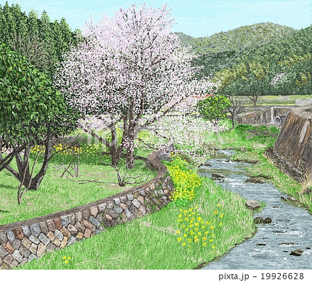 小川 桜 風景 石垣のイラスト素材