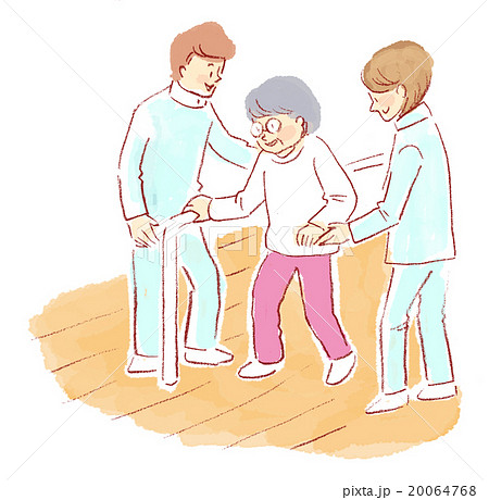 シニア リハビリ おばあちゃん 歩行練習のイラスト素材
