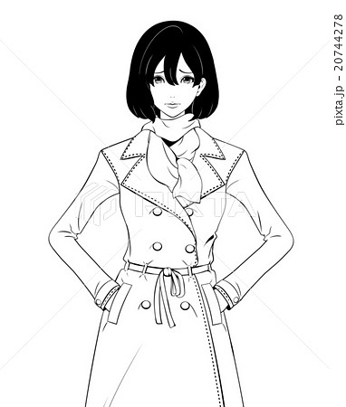 女性 トレンチコート マフラー ボブのイラスト素材