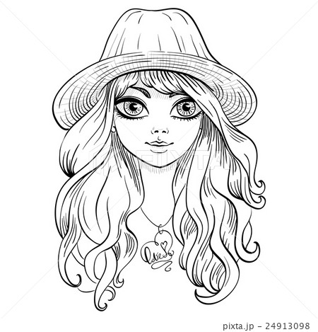 女の子 イラスト 長髪 帽子 女性 若い おしゃれの写真素材