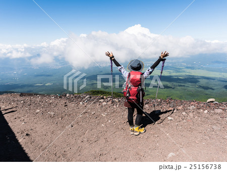 Sporty Woman Hiker with Backpack and Trekking Sticks Hiking in the