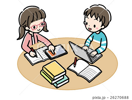 調べ学習 子供 タブレット ノートパソコンのイラスト素材