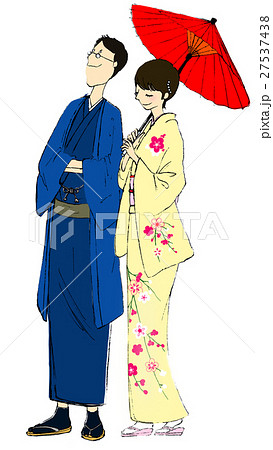 着物 男女 和傘 和服のイラスト素材