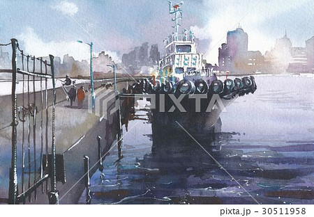 スケッチ 水彩画 風景 船の写真素材 - PIXTA