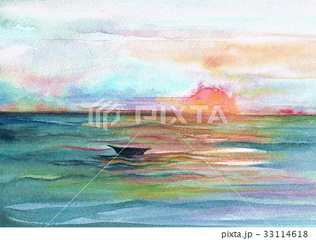 水彩画 水彩 夕日 海のイラスト素材