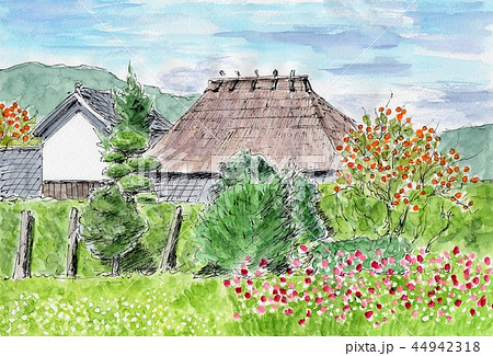 古民家 風景 スケッチ 風景画の写真素材 - PIXTA