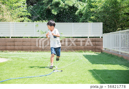 子供 水 水遊び ホースの写真素材