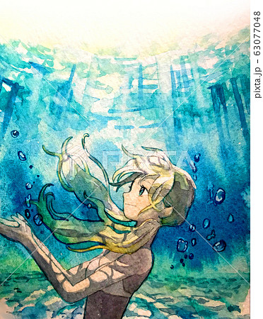 海の中 水中 女の子 金髪のイラスト素材