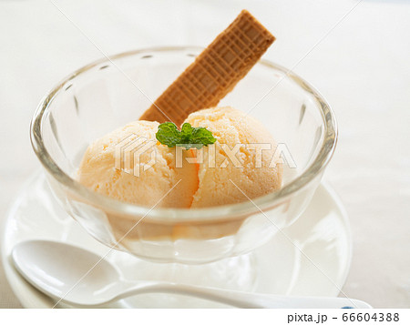 ミントの葉とウエハースを添えたアイスクリームの写真素材