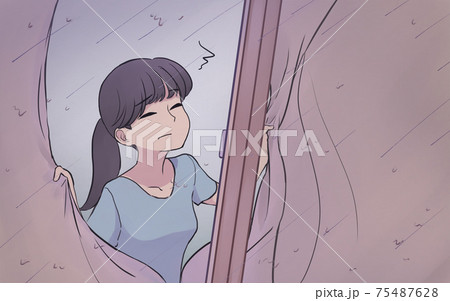 カーテンを開いて雨だと知ってがっかりする女性のイラスト素材