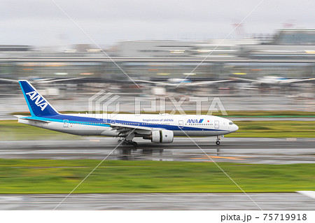 雨 飛行機 航空機 旅客機の写真素材