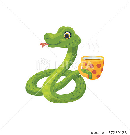 Cute Green Smiling Snake Holding Cup With Hot のイラスト素材