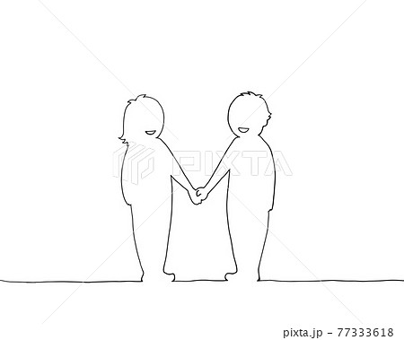 手をつなぐ二人の線画イラストのイラスト素材
