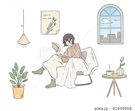 リラックス 読書 女性 椅子のイラスト素材