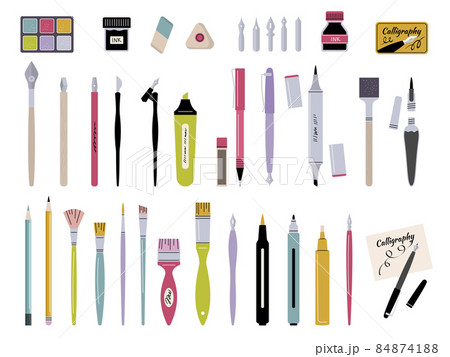 Art supplies seamless pattern. Drawing items, palette of paints