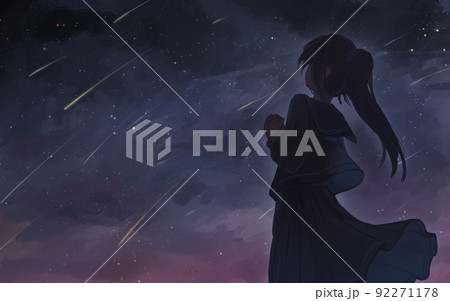 女の子 人物 見上げる 夜空のイラスト素材