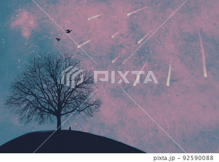 風景 夜空 木 流れ星のイラスト素材