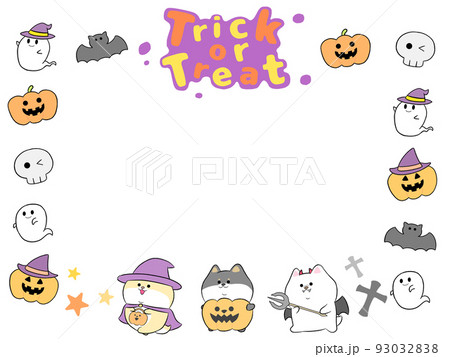 ゆるかわ柴犬のハロウィンフレーム Trick Or Treat 紫 3 4 のイラスト素材