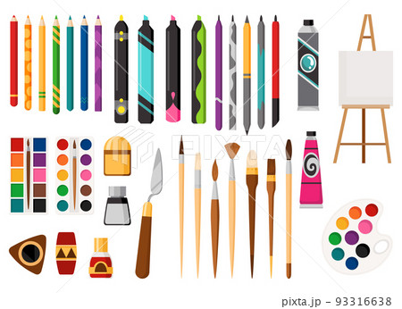 Art accessories. Artist painting tools and drawing supplies. Professional  brush and paint. Pencils clipart bundle. Pen and ink. Isolated stationery  set. Vector craft or hobby equipment Stock Vector