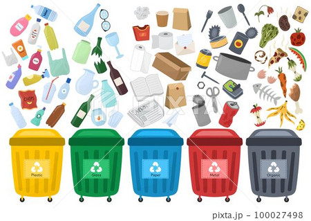 Different trash containers cartoon vector illustration set. Garbage bins  for metal, e-waste, plastic, glass, organic and paper rubbish. Waste  separation and recycling, environmental protection concept Stock Vector