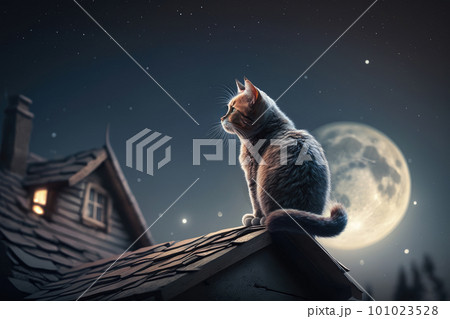 夜空 月 黒猫 幻想的の写真素材 - PIXTA