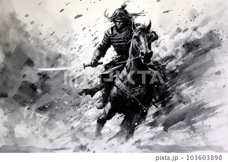 水墨画 武士の絵　絵27✖️24 墨絵 水墨画 武士 侍の写真素材 - PIXTA