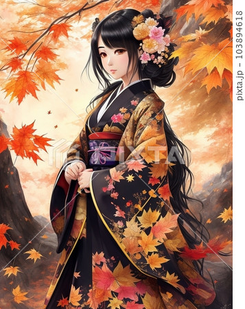 紅葉とたたずむ少女