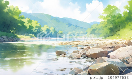 青磁技法 山と川の風景画 watercolor-painting-river-
