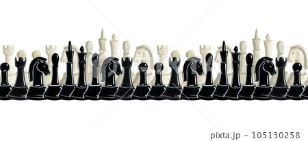 Chess and board icons set, chessmen banner, silhouette, flat black and  white drawing. Piece pawn, king, queen, bishop, knight, rook, with figure  names isolated on white background. Vector illustration - Stock Image 