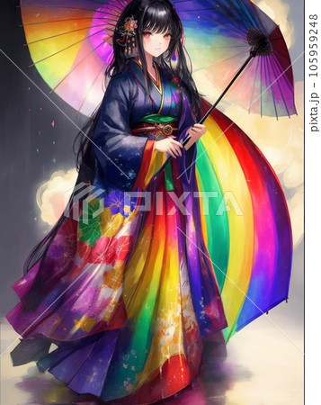 傘をさす虹の着物の女性