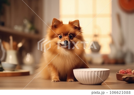 Dog Pet Puppy Sitting With The Food Bowl Gift Fooddog Breed Pomeranian  Spitz The Dog Is Standing Next To A Bowl Of Food Stock Illustration -  Download Image Now - iStock