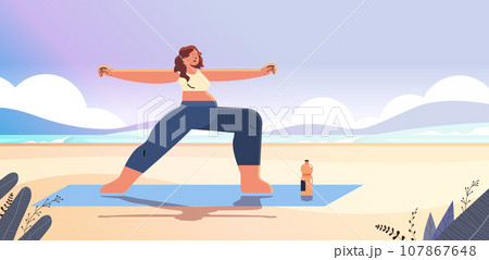 Pregnant Woman Sit on Sandy Beach in Lotus Position Vector