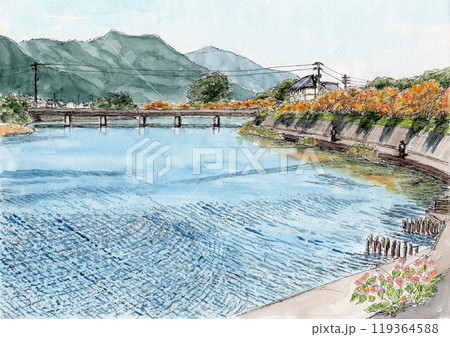 水彩画 橋 川 風景のイラスト素材 - PIXTA