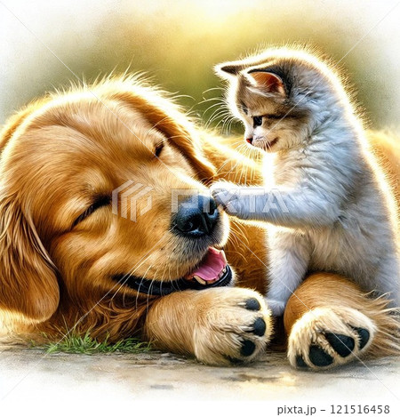 ゴールデンレトリバーと子猫の絵