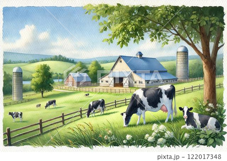 牛 牧場 牧草地 水彩画の写真素材 - PIXTA