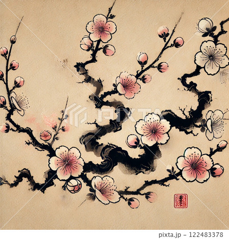 梅 梅の花 墨絵 水墨画の写真素材 - PIXTA