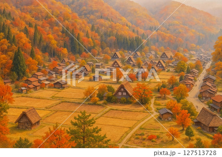 パステル画（原画）白川郷。 パステル画（原画）白川郷。 パステル画