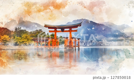 ★厳島神社鳥居・肉筆油彩画・F6・新品額付 神社 鳥居 宮島 厳島神社のイラスト素材 - PIXTA