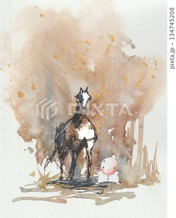 水彩画 動物と人物のシーン 約A4サイズ 水彩画 水彩 動物 スケッチのイラスト素材 - PIXTA